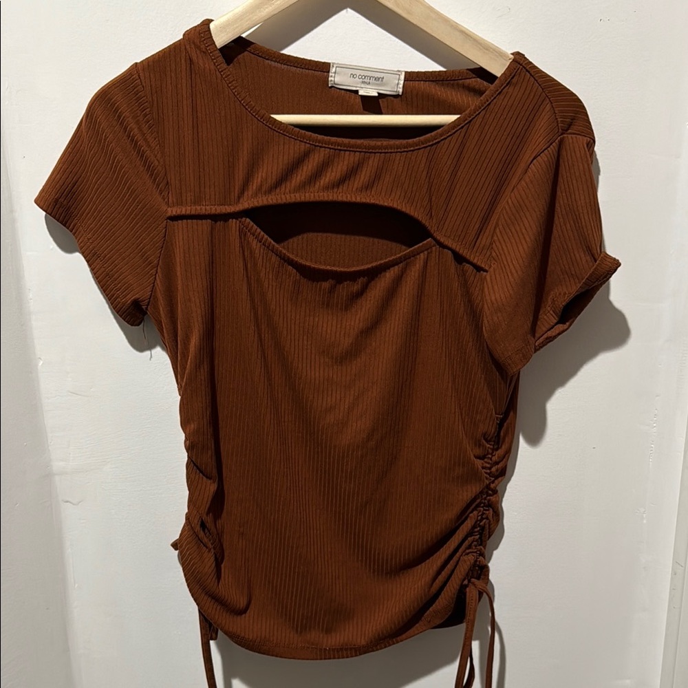 Brown Ruched Cut Out Short Sleeve Top